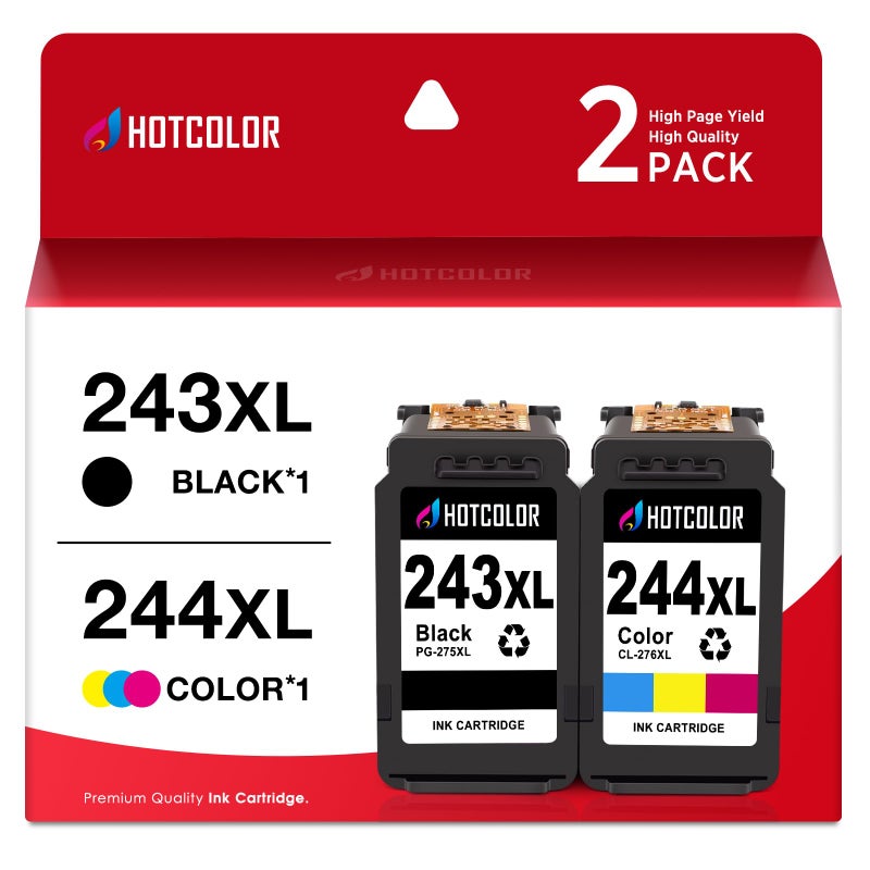 Hotcolor خراطيش حبر بديلة HOTCOLOR PG-243 CL-244 لطابعات كانون 243 و 244 لطابعة كانون 243 حبر أسود لطابعة كانون mg2522 خراطيش حبر PIXMA TS3120 TS3122 MX492 MG2525 TR4520 (1 أسود / 1 ثلاثي الألوان، 2 عبوة) - Image 1